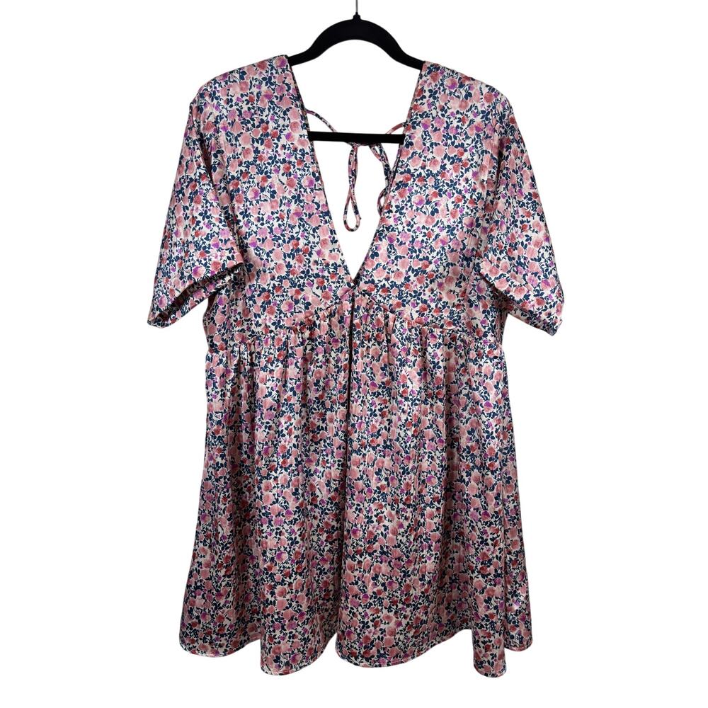 Lulus Dress Womens Large Pink Express Yourself Mini Floral Satin Tie Back V-Neck